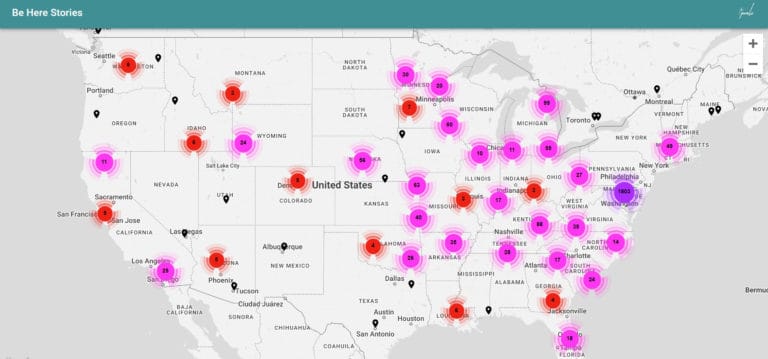 Screenshot of a map of the United States, showing pink and red pins.