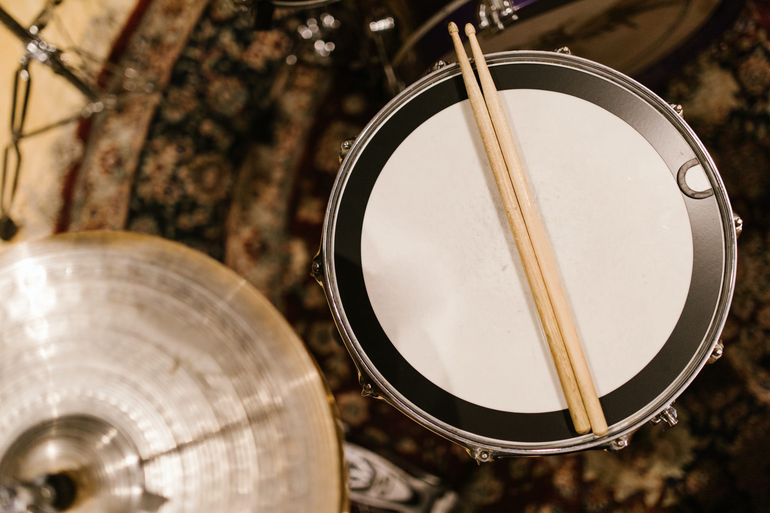 Close view of drums and cymbols.