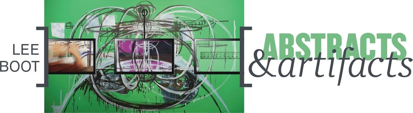 On the left, the artist's name--Lee Boot--and on the right, a green abstract graphic with lines and wires. The words, Abstracts & Artifacts appears in gray and green type.