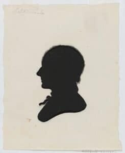 A delicate silhouette of a man with close-cropped hair and a cravat.