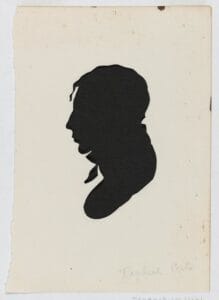 A delicate silhouette of a man with short hair and a long nose.