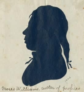 A silhouette of a man with a cravat and a long braid in the back.