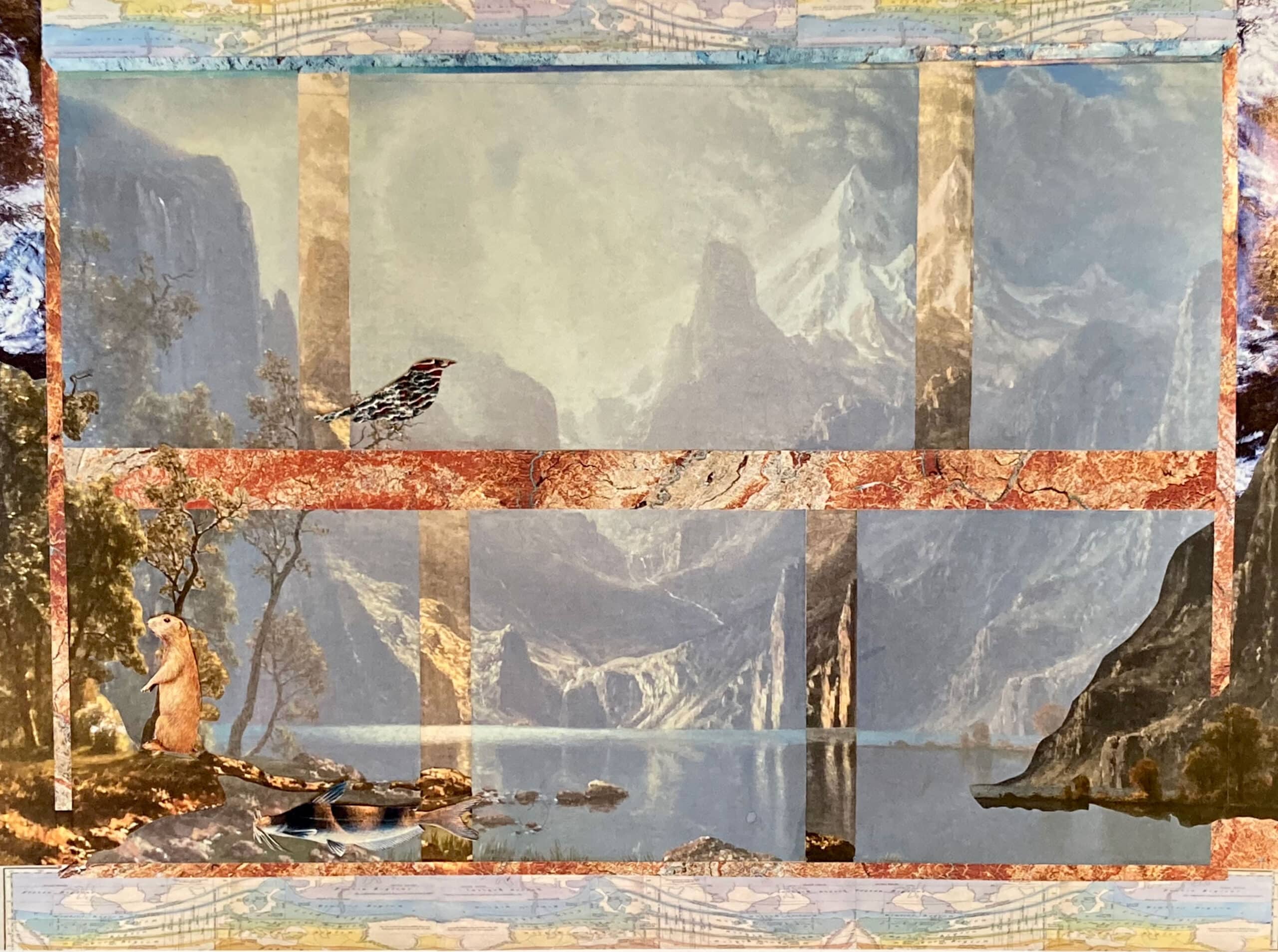 An abstract work of art that features a historic-looking landscape image with a bird and several columns.