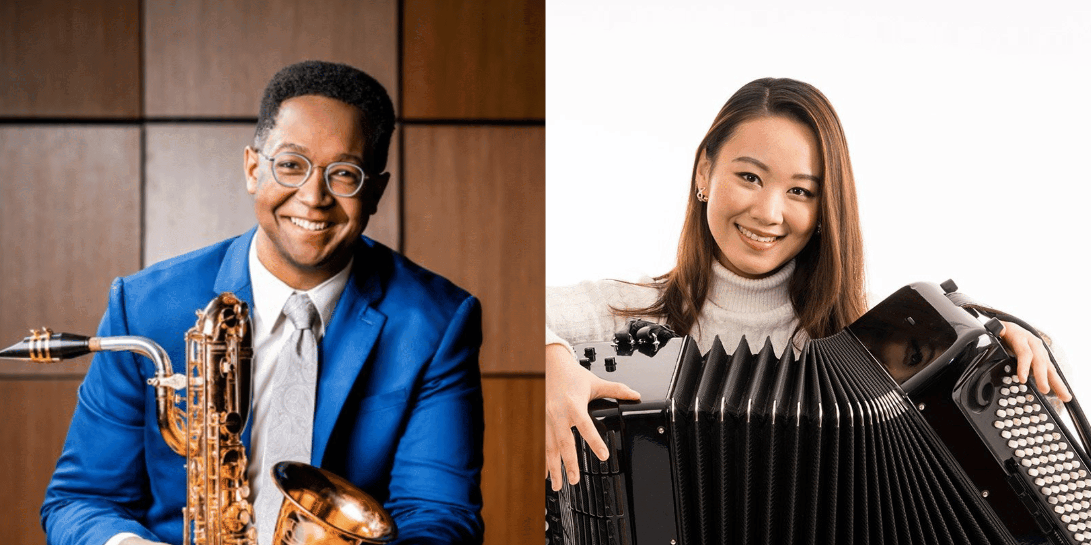 Two side-by-side portraits of musicians who a holding their respective instruments, a saxophone and an accordion.