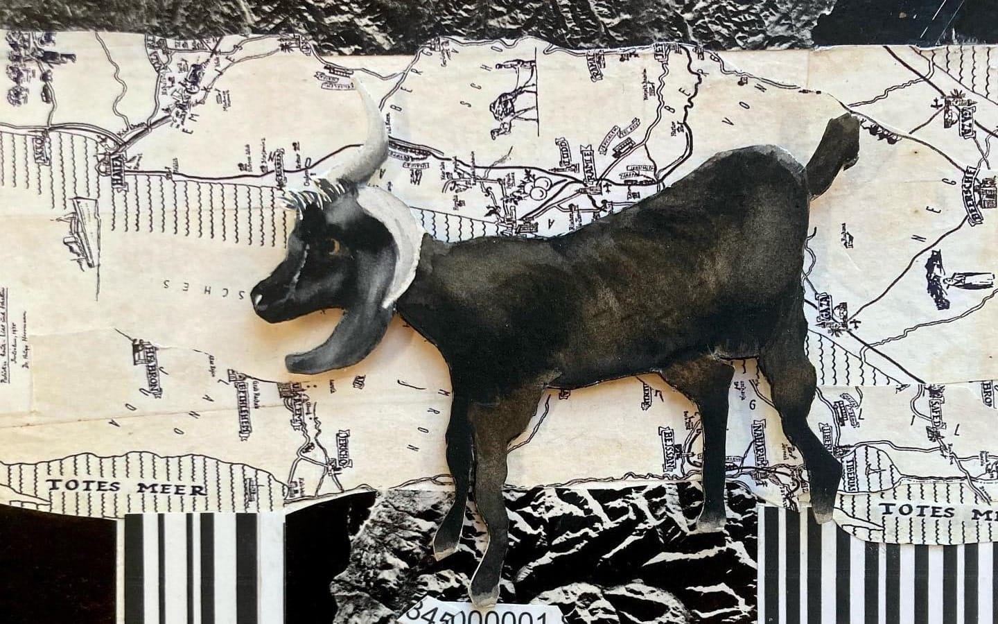 A mixed media collage that shows a black goat on a background of black and white drawings.