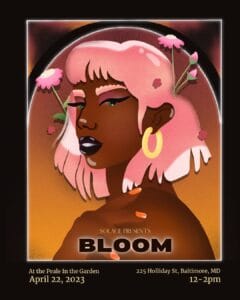 A poster that features a brown-skinned woman with pink hair and the word, Bloom.