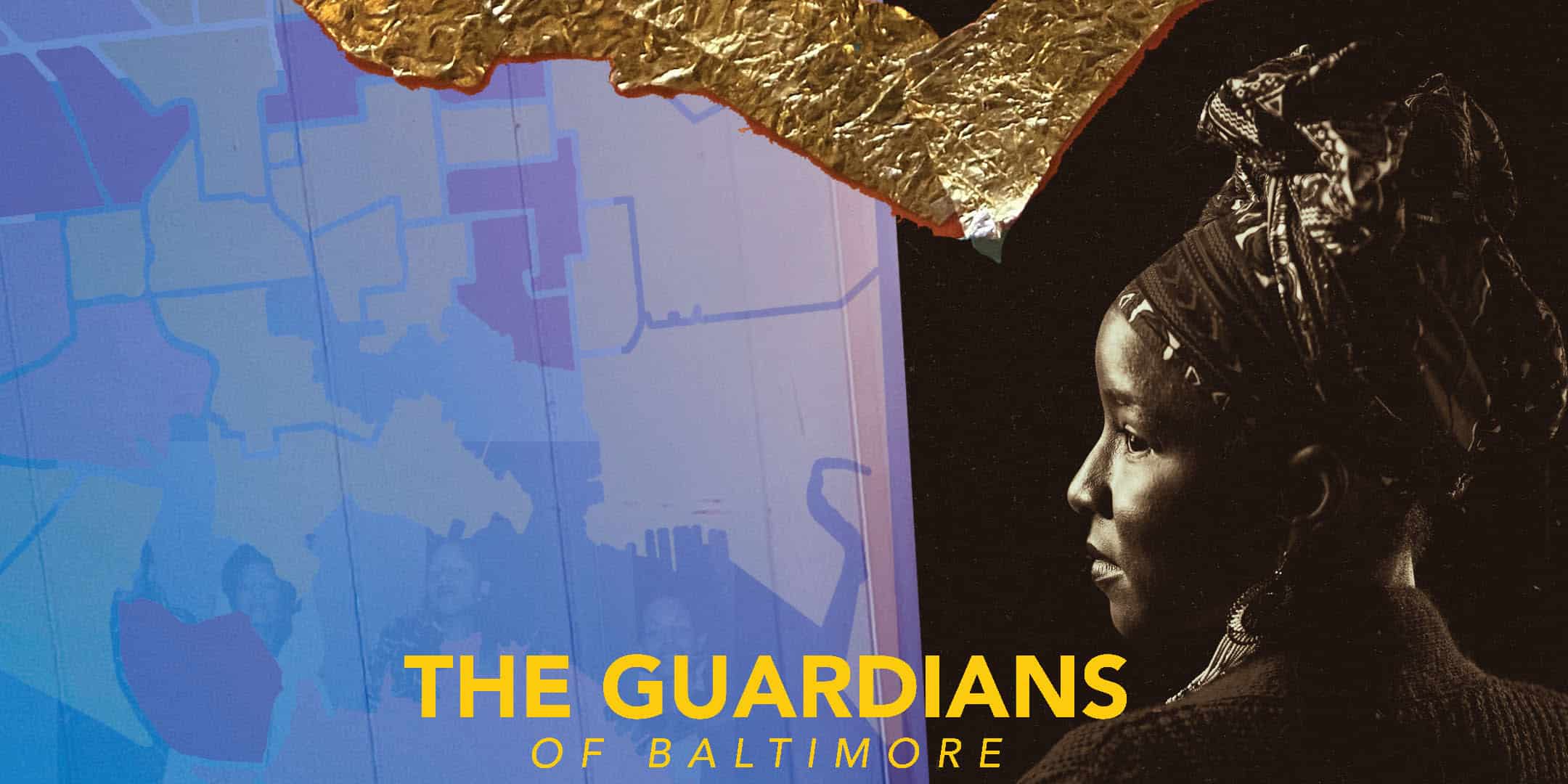 A woman in a gold headdress stands in the corner in a promo graphic for the Guardians exhibition.