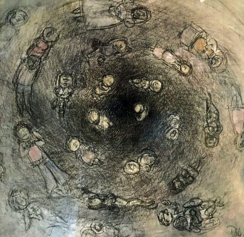 A swirling mass of black and gray lines with people caught up in them.