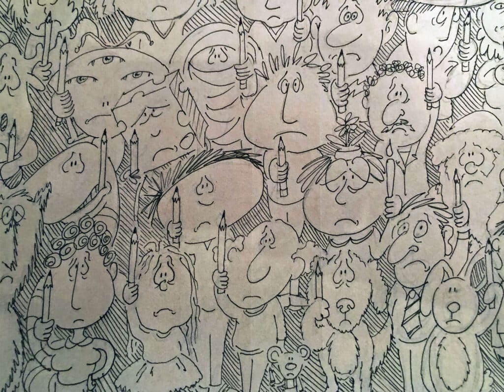 A cartoon drawing of many people holding candles and looking very sad.