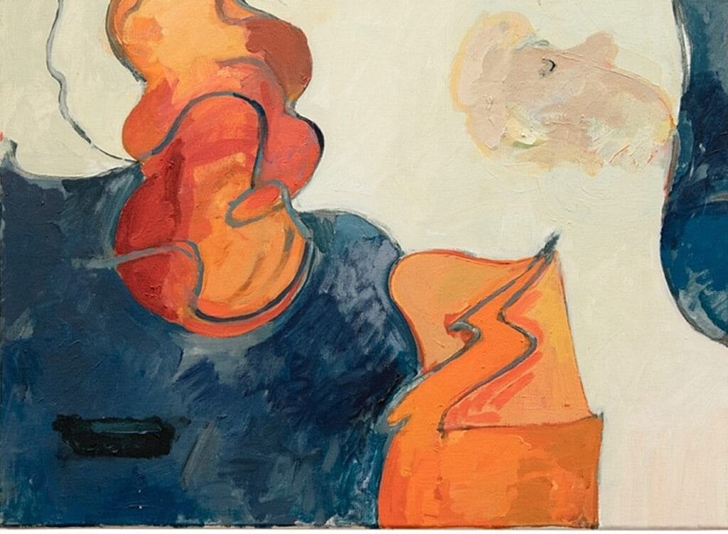 An abstract painting with orange flames on a blue base.