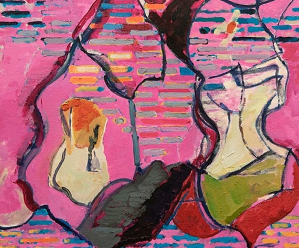 An abstract work of art with dark lines on a hot pink background.