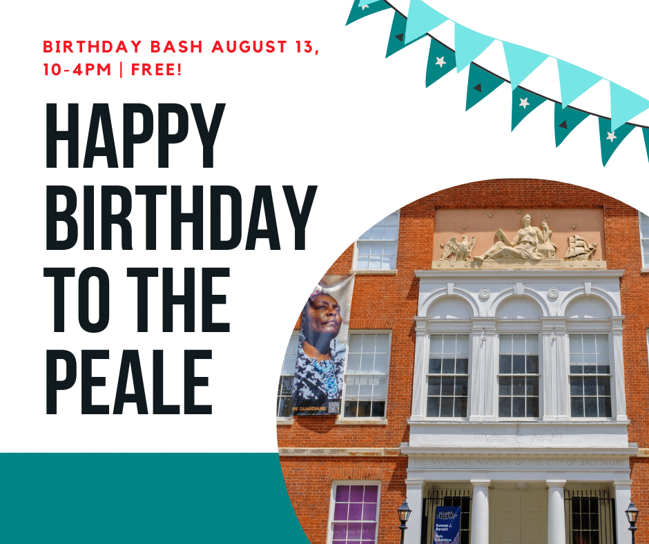 A promo graphic of the Peale's 209th birthday that features a photo of the building and a hanging festoon.