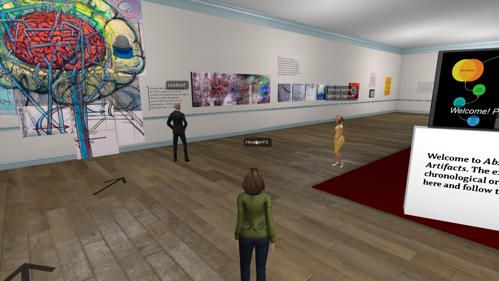 A screenshot of the virtual world, Second Life, that has two avatars in a virtual museum gallery.