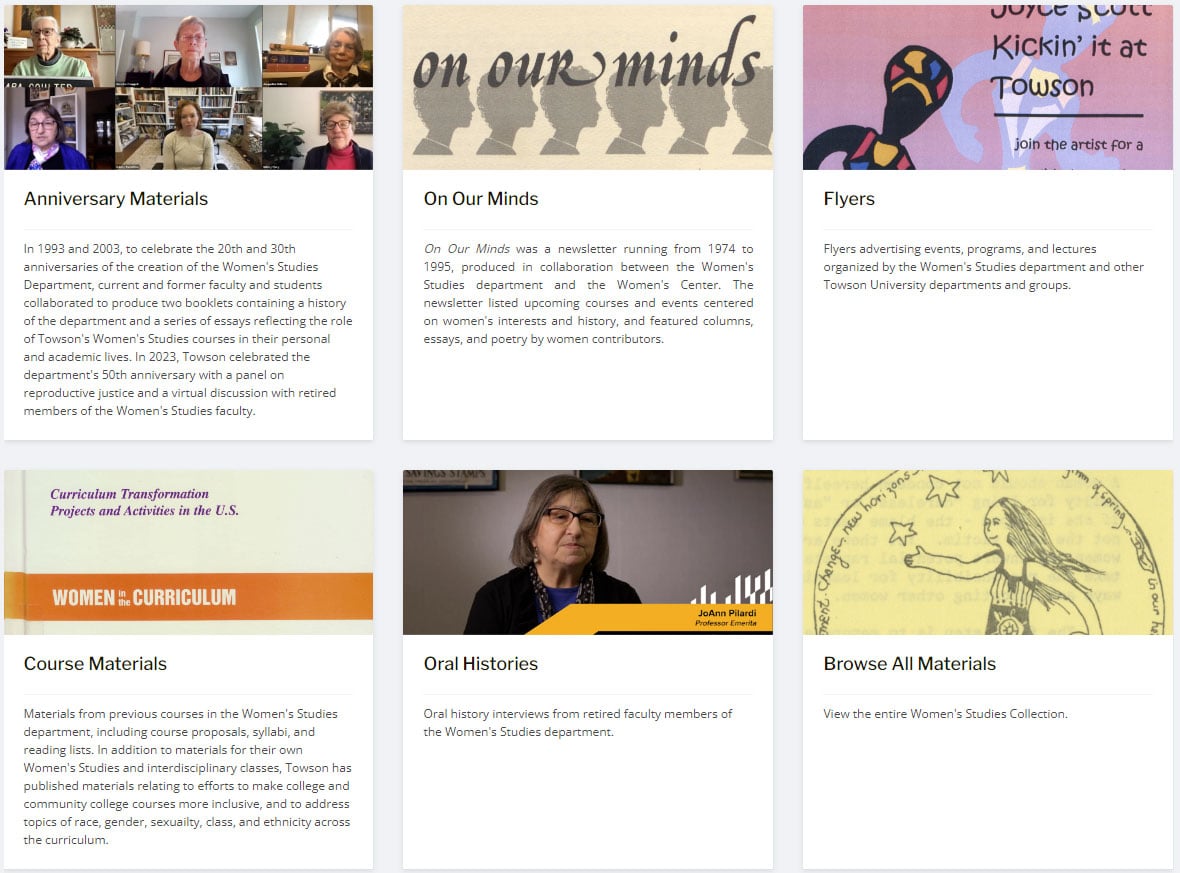 A screenshot of an archives' website which features various types of collections like oral histories.