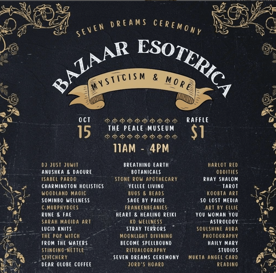 A playbill in black that says, Bazaar Esoterica, and lists all of the vendors that will be on hand at the fair.