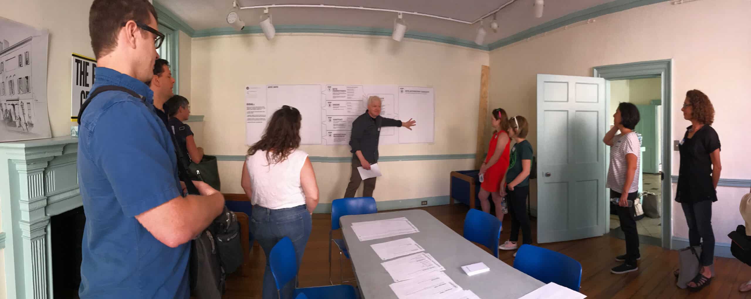 A group of people brainstorm in a workshop at a museum.