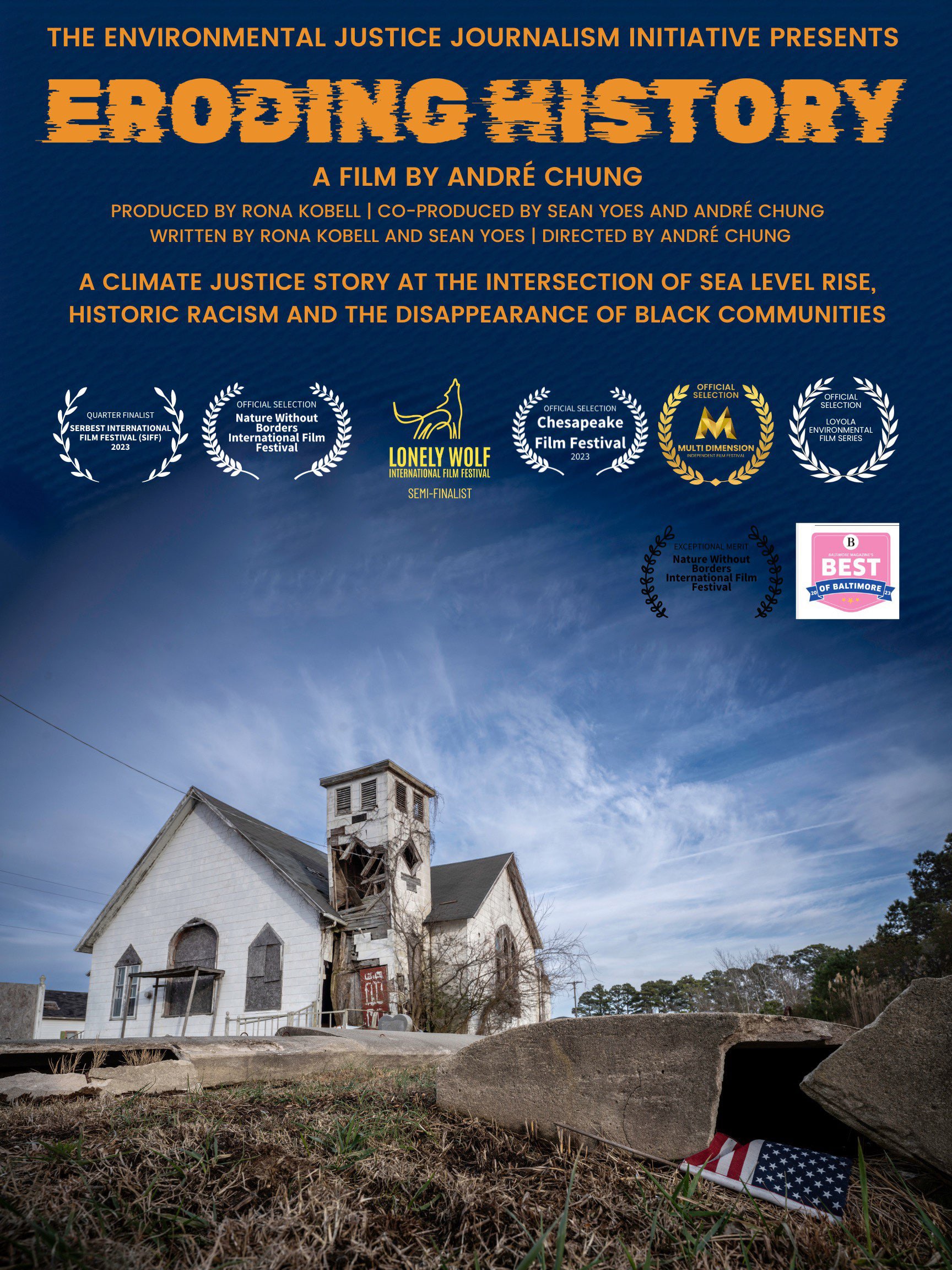 A film poster that features an old white church set against the backdrop of a wispy blue sky.