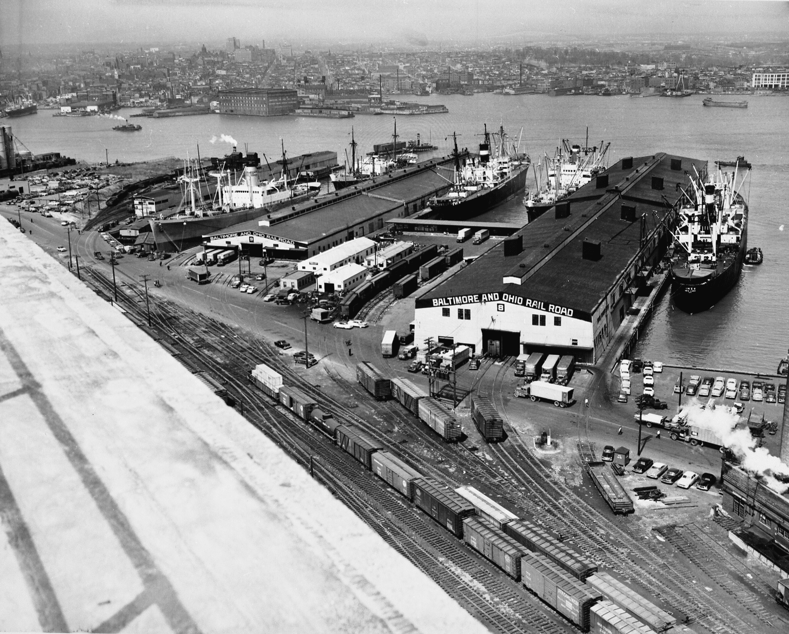 A vintage photo of a railyard and the harbor around Baltimore, Maryland.