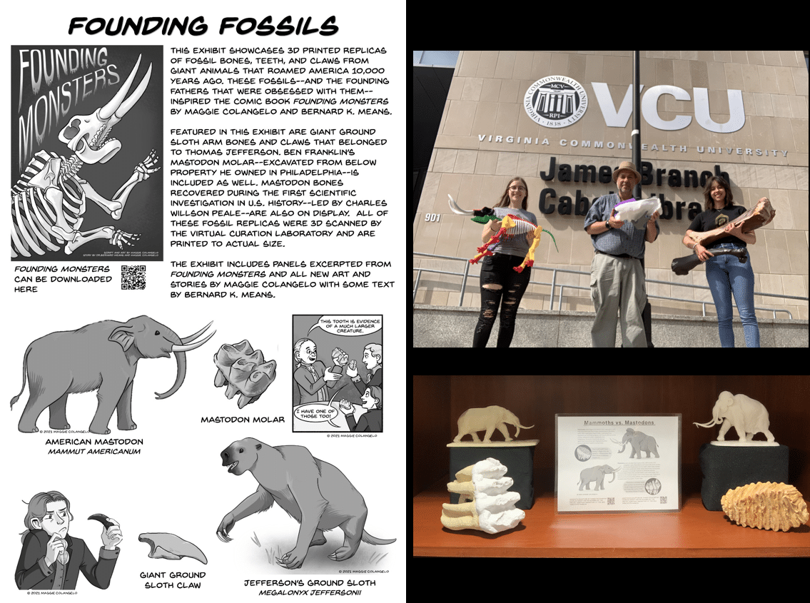 Drawings of extinct animals in a comic book, side by side with three people holding replicas of fossils.