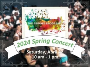 Promo graphic with a banner that says, 2024 Spring Concert. Children sit in a field outside in the background.