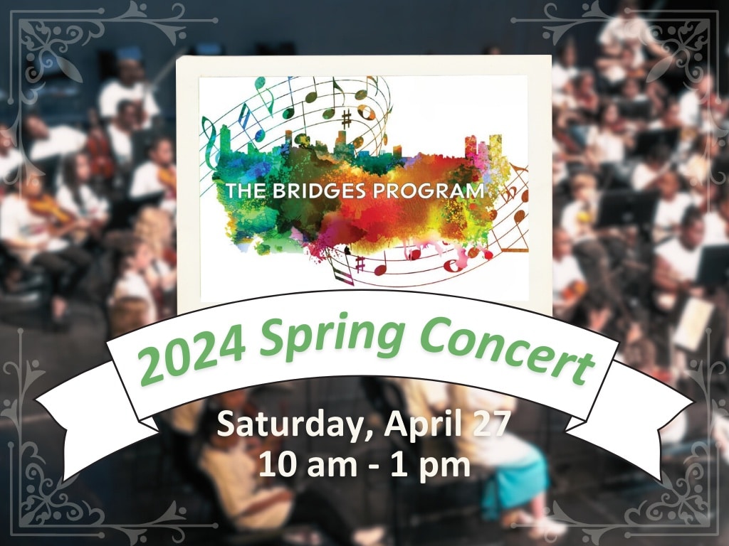 Promo graphic with a banner that says, 2024 Spring Concert. Children sit in a field outside in the background.