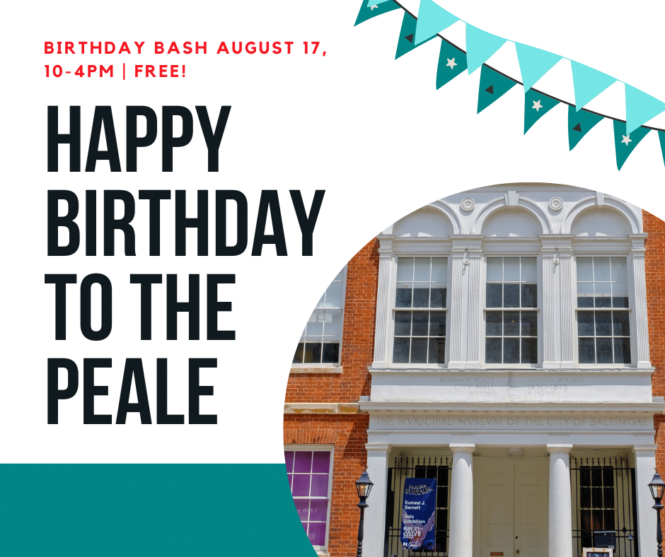 A 2024 birthday party invitation with a picture of the facade of the red brick Peale building.