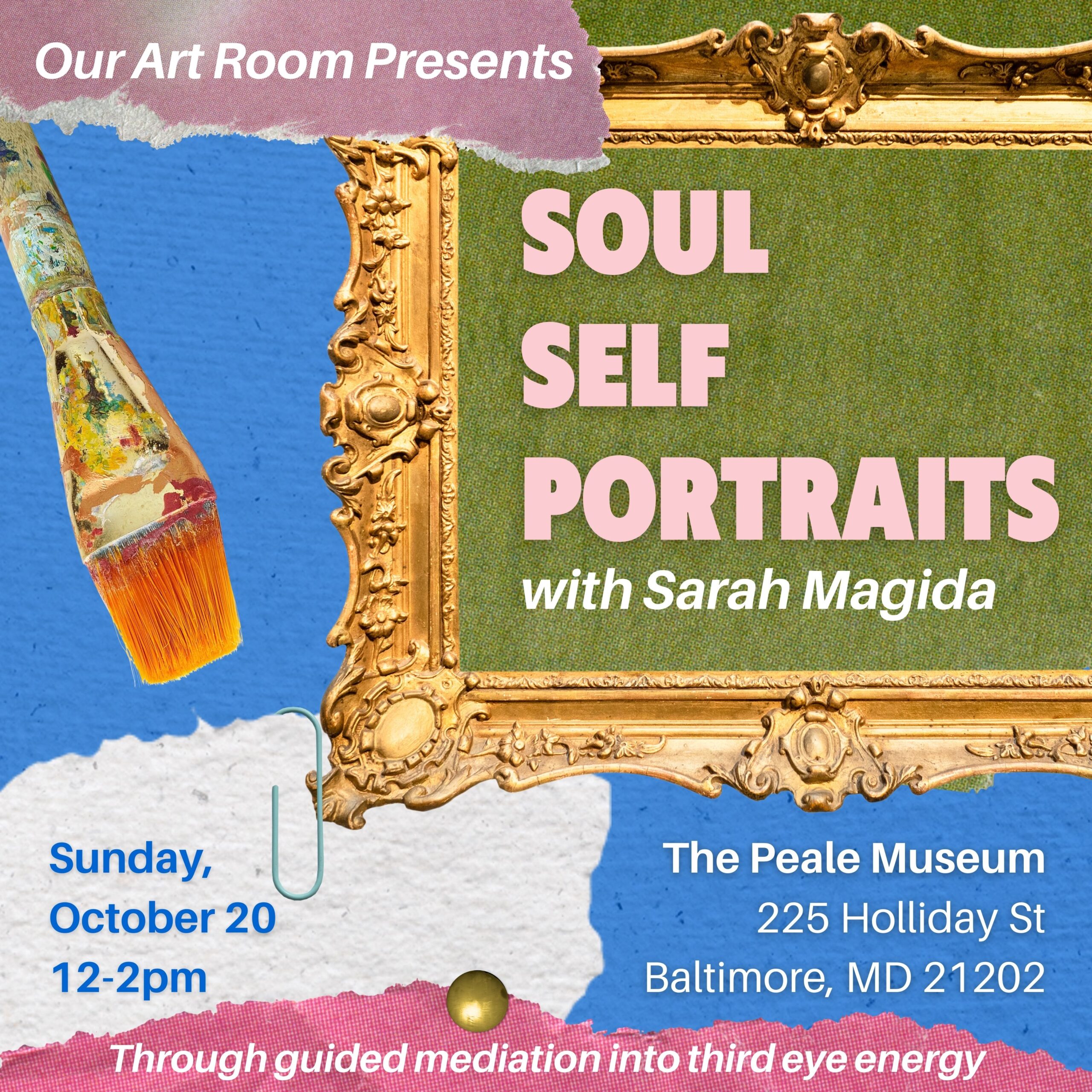 A promo graphic with a gold frame and the words, Soul Self Portraits, inside it as well as a paint brush in the margin.