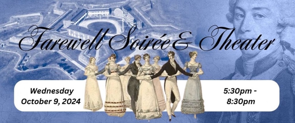 A promo graphic with drawings of people in 19th century costumes and the words, Farewell Soiree and Theater.