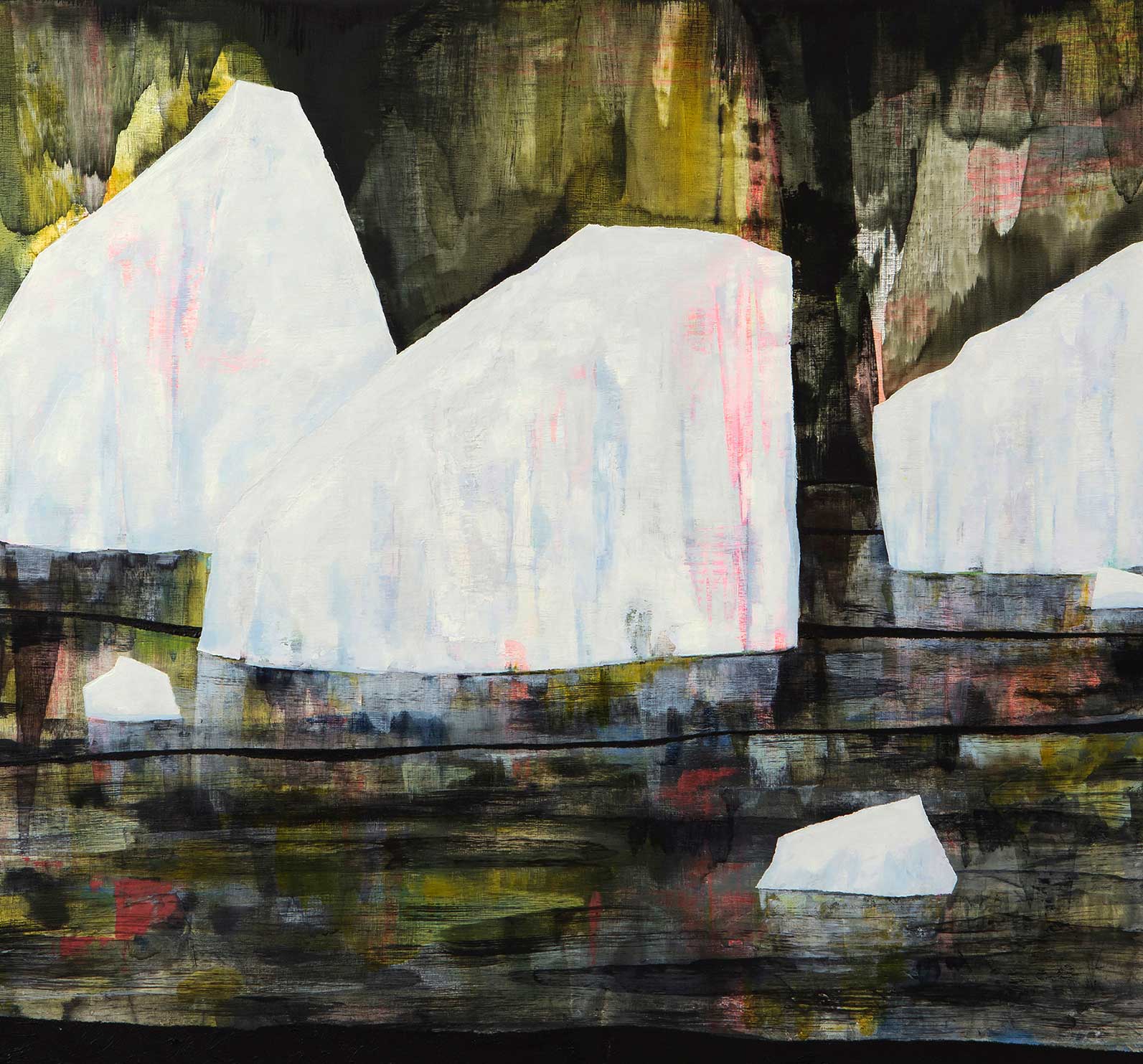 An abstract artwork that has iceberg-like shapes floating in a green river.