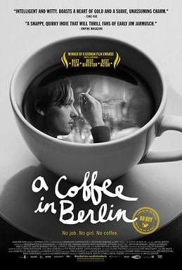 A movie poster that features a man's face reflected in a cup of coffee.