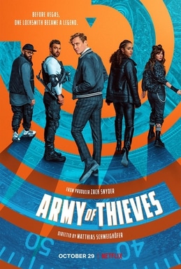 A movie poster with 6 people standing on top of concentric orange and blue circles.