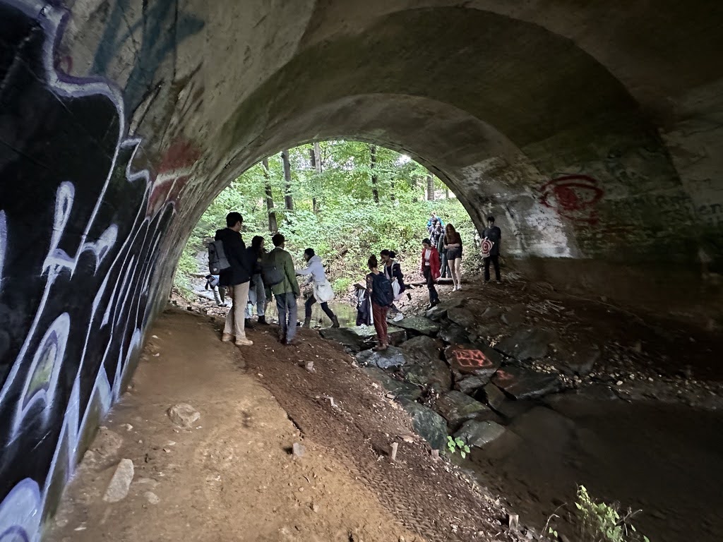 A group of people go through a tunnel under a bridge.