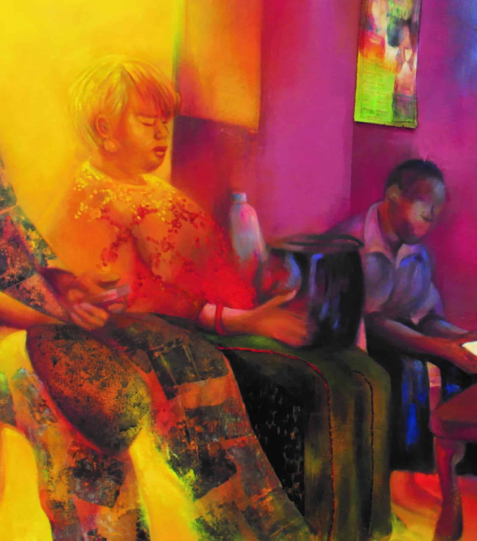 A colorful abstract painting that shows people sitting in a waiting room or lobby.