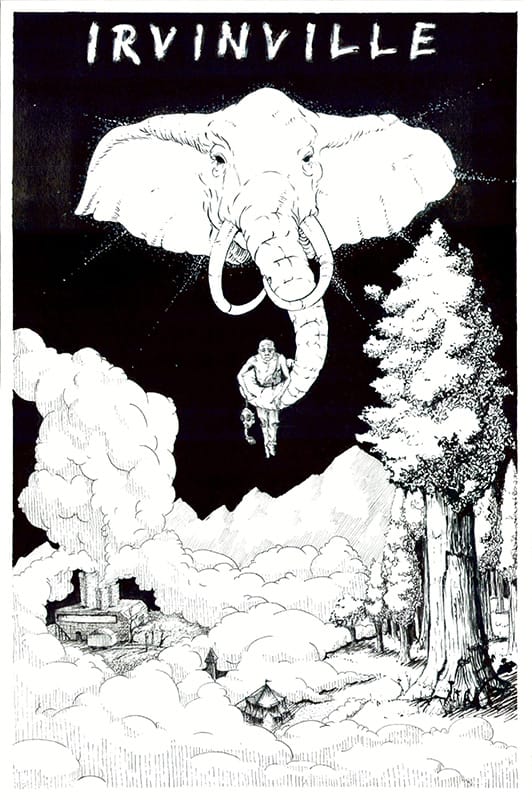 A black-and-white hand-drawn poster that shows and elephant carrying a man in its trunk.