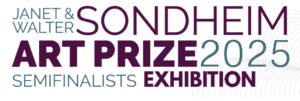 The logo for the Sondheim Prize exhibition features purple and aqua colored fonts.
