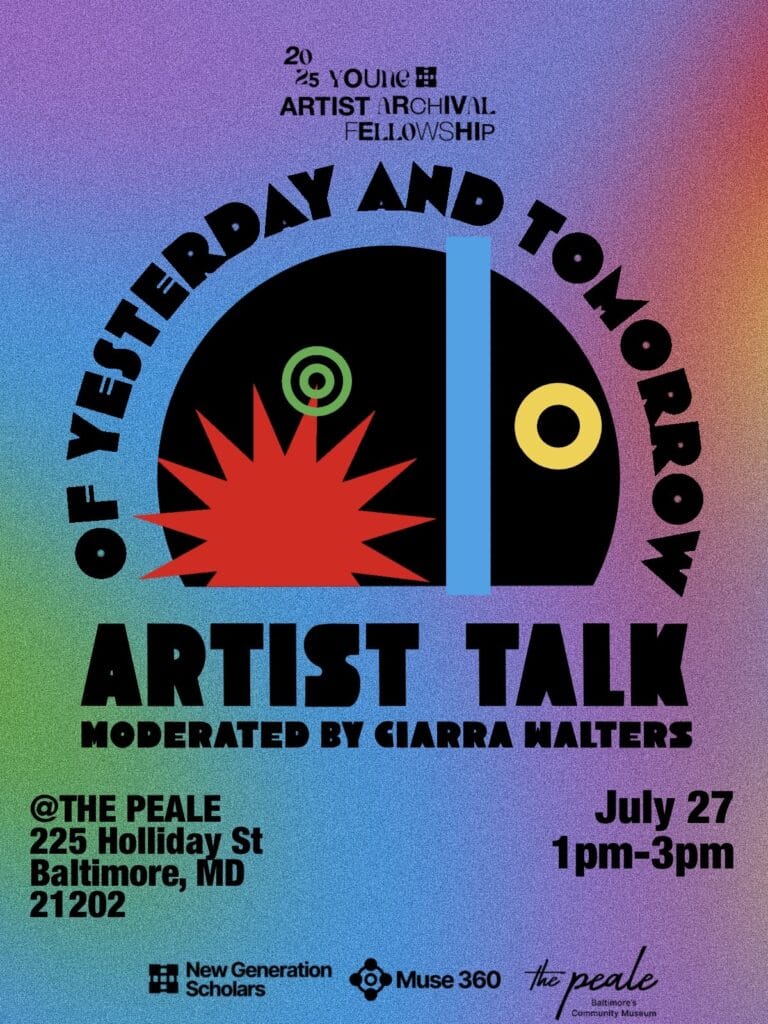 A flier that has colorful shapes on it. The text says, Of Yesterday and Tomorrow Artist Talk.