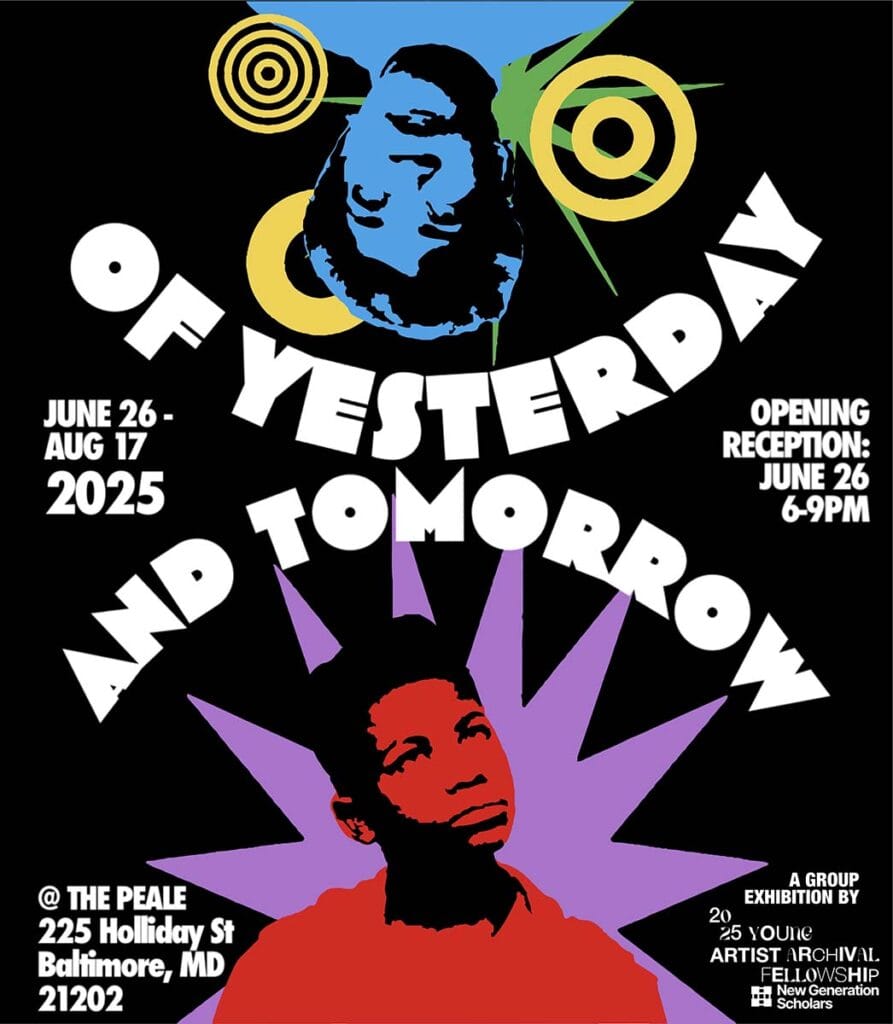 A colorful flier that has the words, Of Yesterday and Tomorrow, mirroring each other with two people inside the words.