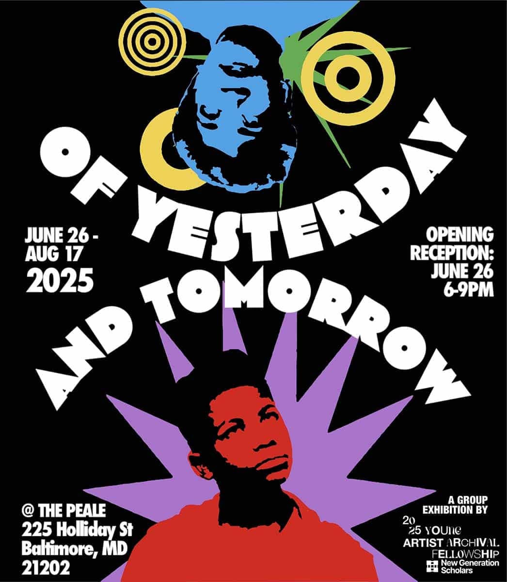 A colorful flier that has the words, Of Yesterday and Tomorrow, mirroring each other with two people inside the words.