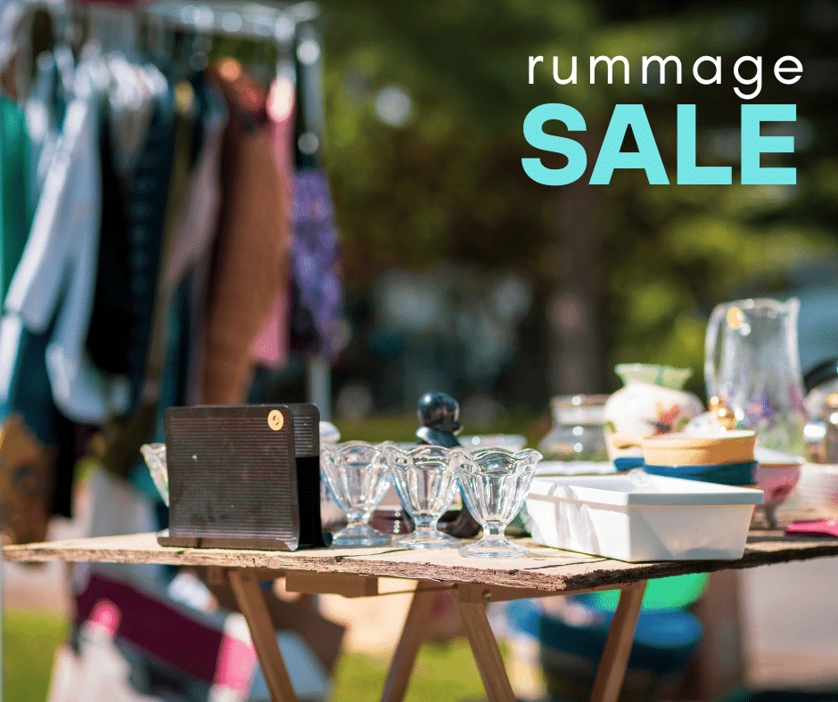 The words, Rummage Sale, appear on an image of vintage items like glasses and clothing.