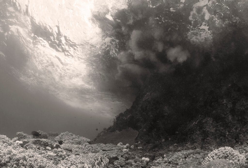 Black-and-white image of an underwater scene that shows a hill or volcano, as fish swim around the feature.