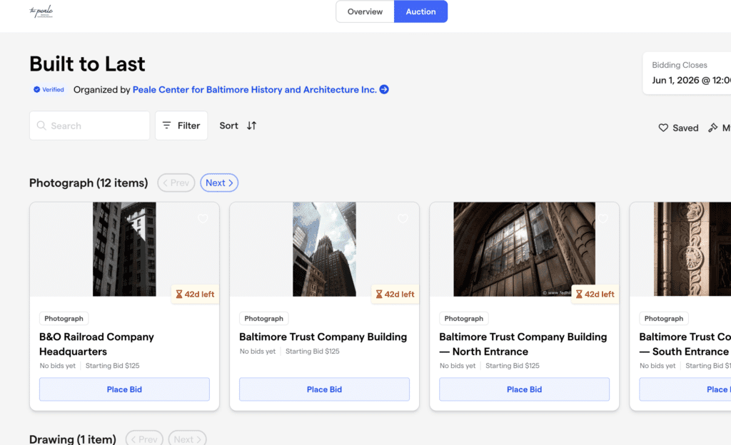 Auction gallery page titled 'Built to Last' showing photos for bid, organized by Peale Center for Baltimore History and Architecture Inc.