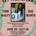 Poster for an art exhibit titled "Let Them Speak Their Beauty, Our Hearts" featuring a man with long dreadlocks holding a drawing, set against a brick wall with vines and event details below.