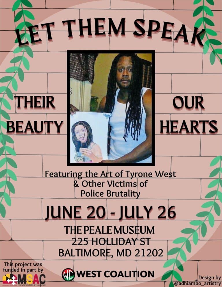 Poster for an art exhibit titled "Let Them Speak Their Beauty, Our Hearts" featuring a man with long dreadlocks holding a drawing, set against a brick wall with vines and event details below.