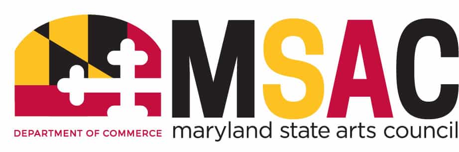 Maryland State Arts Council (MSAC) logo featuring a stylized Maryland flag puzzle emblem and the text 'maryland state arts council', with a Department of Commerce label nearby.