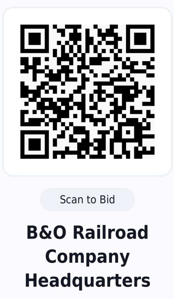 QR code labeled 'Scan to Bid' for bidding, related to B&O Railroad Company Headquarters.