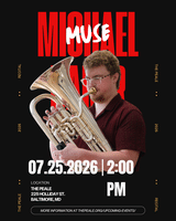 Event poster advertising a tuba solo concert on July 25, 2026 at 2:00 PM. A man plays a brass tuba against a dark background with red title text.