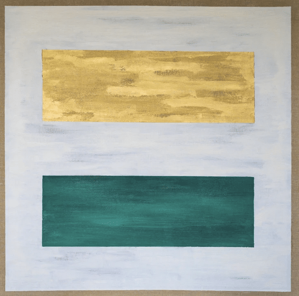 Abstract painting with a pale blue-gray background and two horizontal color blocks: gold on top and teal below.