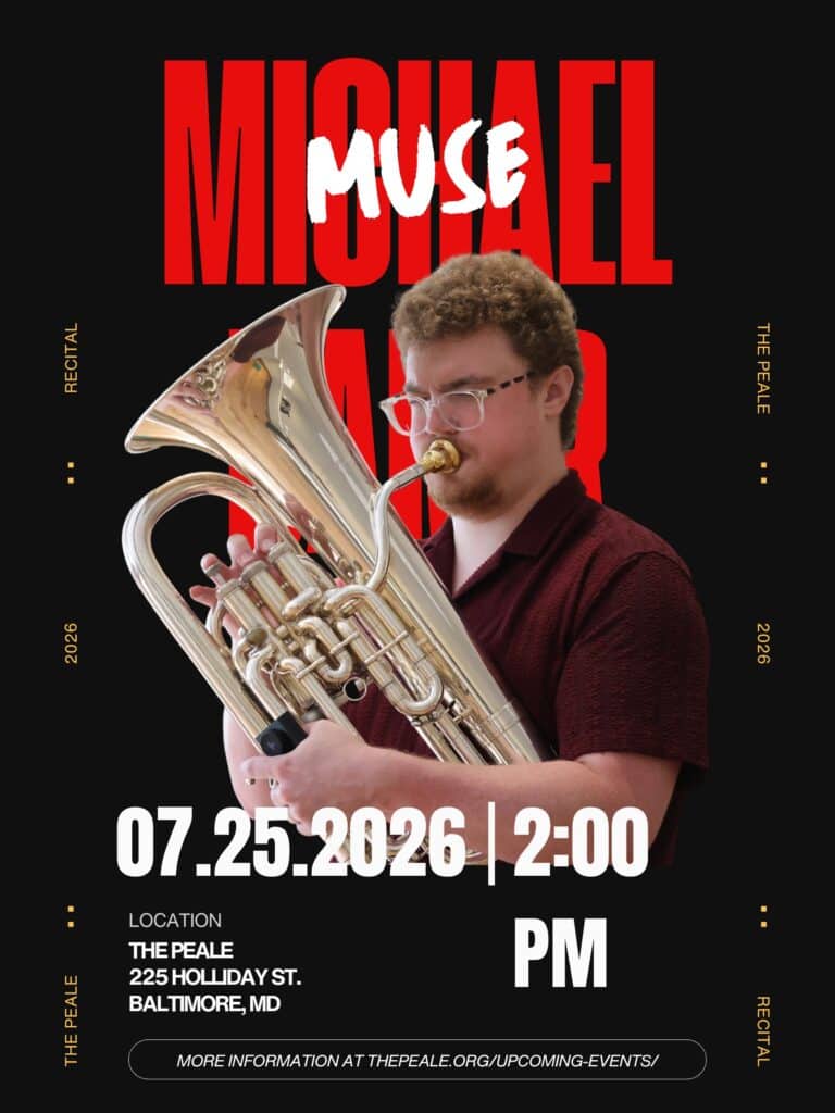 Poster for a music event featuring a man playing a tuba against a black background with bold red lettering and side yellow accents.