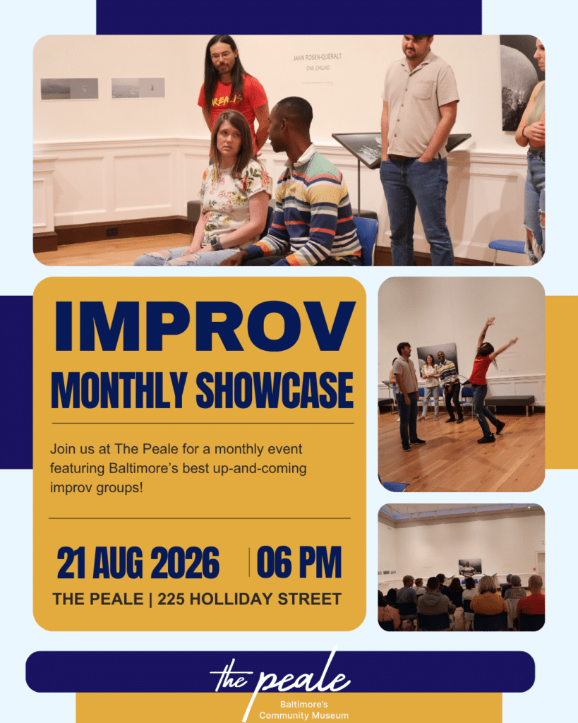 Promotional poster for IMPROV Monthly Showcase at The Peale, showing people in a gallery and bold blue/gold design.