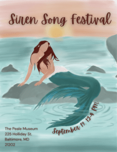 Event poster for Siren Song Festival showing a mermaid on rocks by the sea at sunset, with dates curved along the right and venue text at bottom.